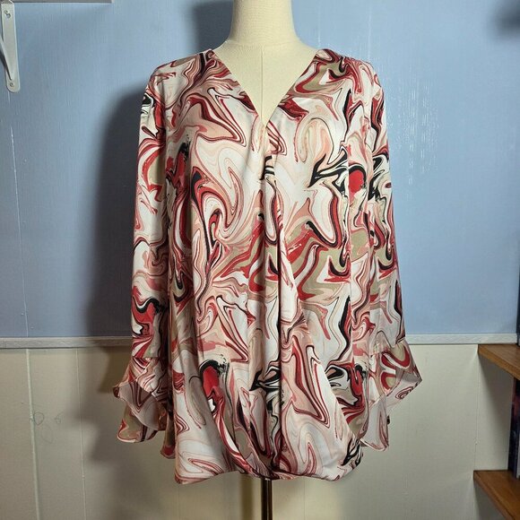 Vince Camuto 2X Pinky Red Black Swirls V Neck Longsleeve Ruffled Dressy Blouse - Picture 1 of 10